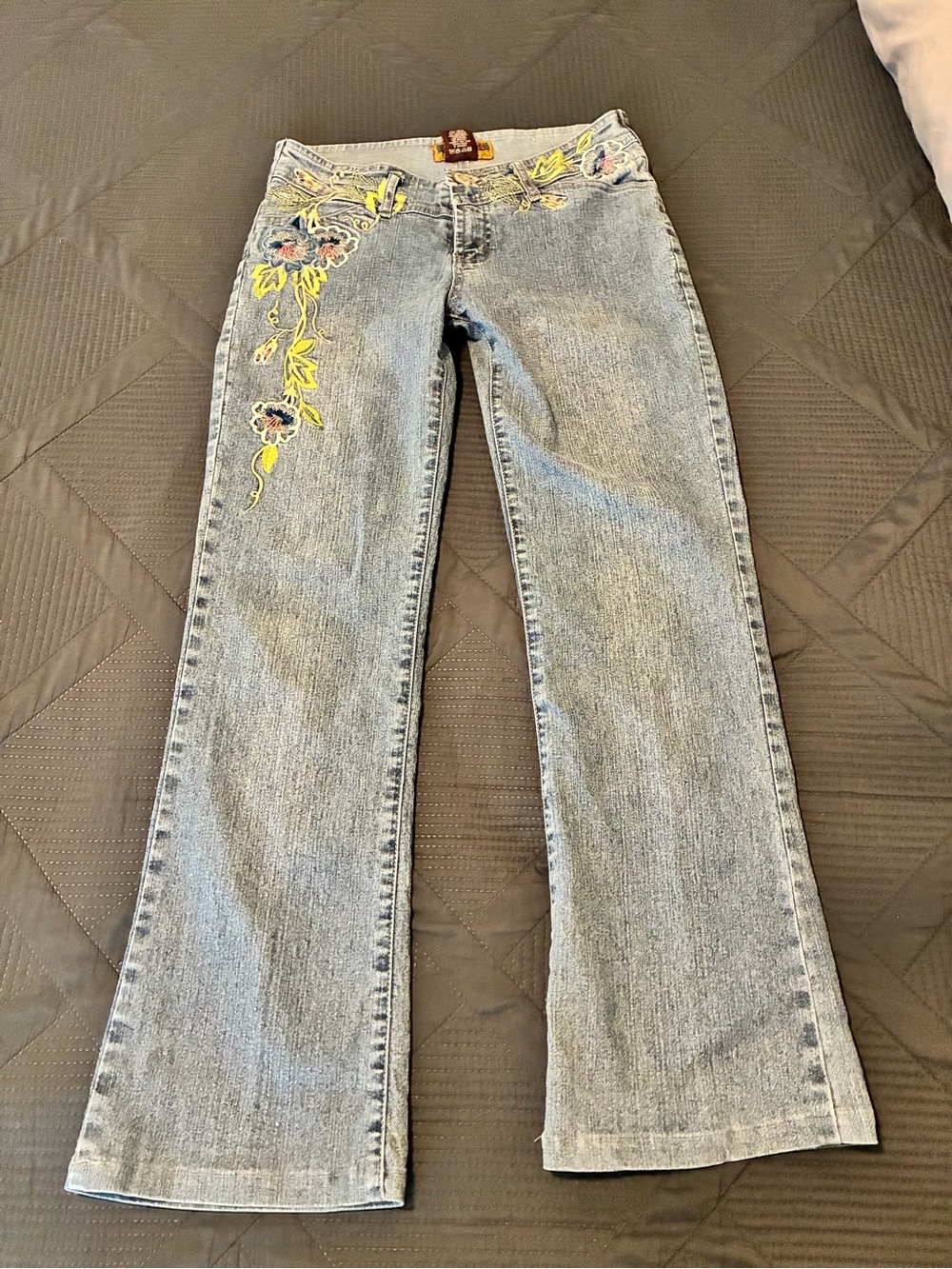 Embroidered Light Blue Flare Jeans with Floral Detail